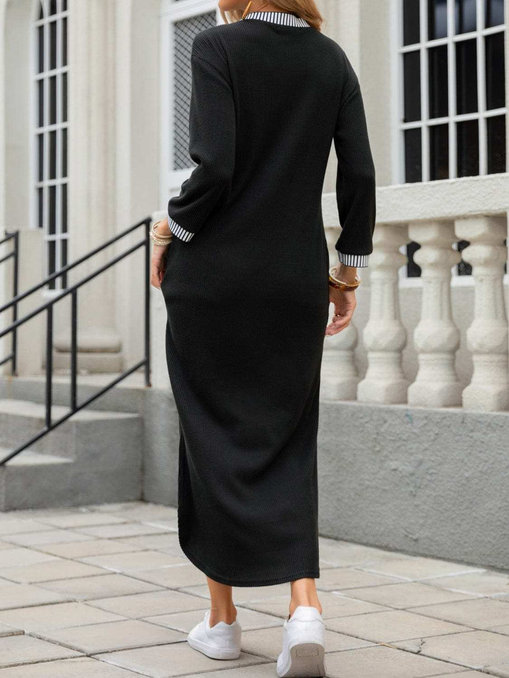 Slit V-Neck Long Sleeve Midi Dress - Trendsi - Flyclothing LLC
