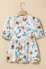 Floral Print Puff Sleeve V Neck Babydoll Blouse - Trendsi - Flyclothing LLC