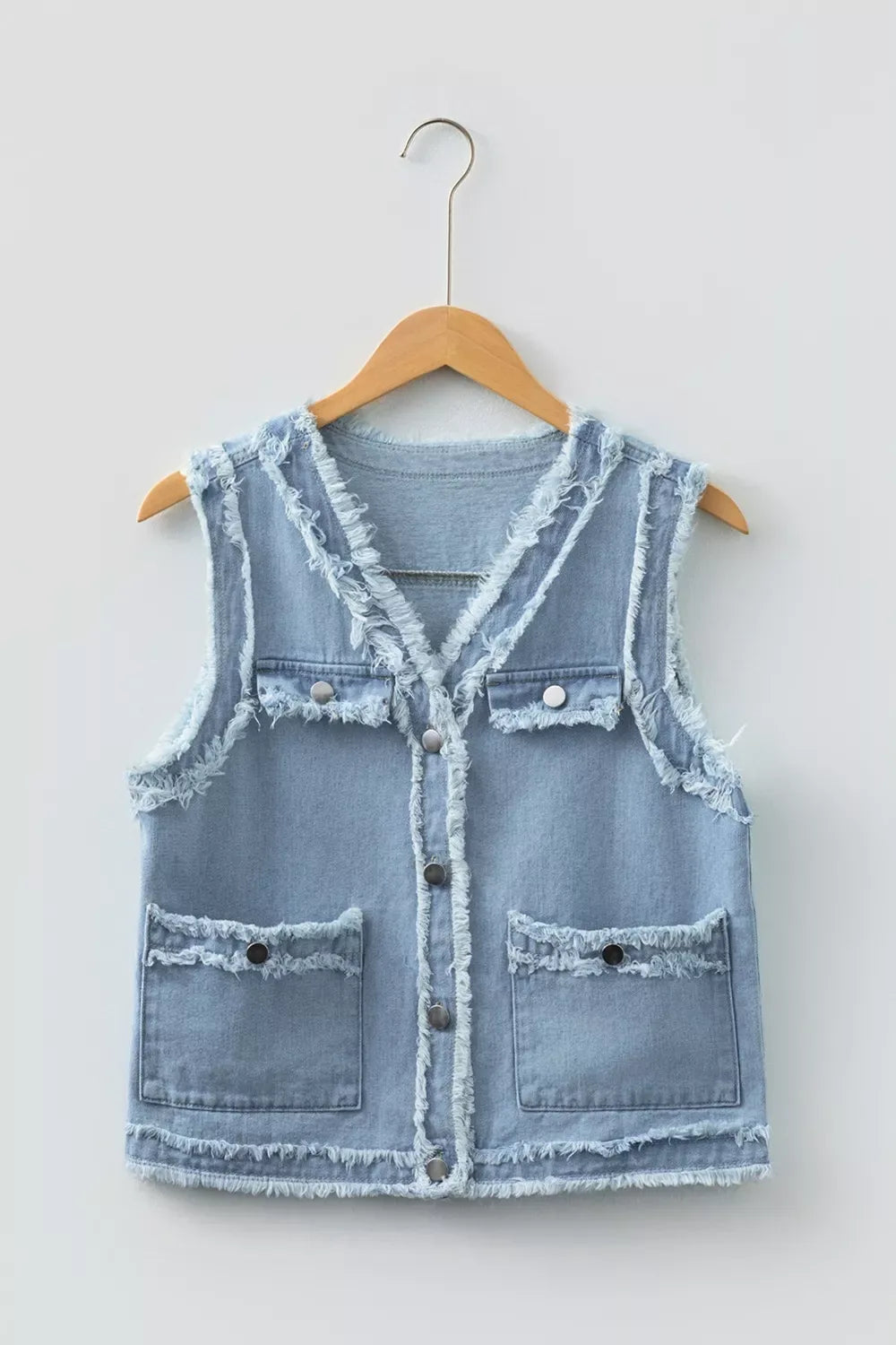 Frayed Edge Flap Pockets Denim Vest Jacket - Trendsi - Flyclothing LLC
