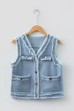 Frayed Edge Flap Pockets Denim Vest Jacket - Trendsi - Flyclothing LLC