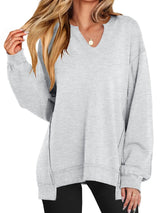 Notched Long Sleeve Oversized Sweatshirt - Trendsi - Flyclothing LLC