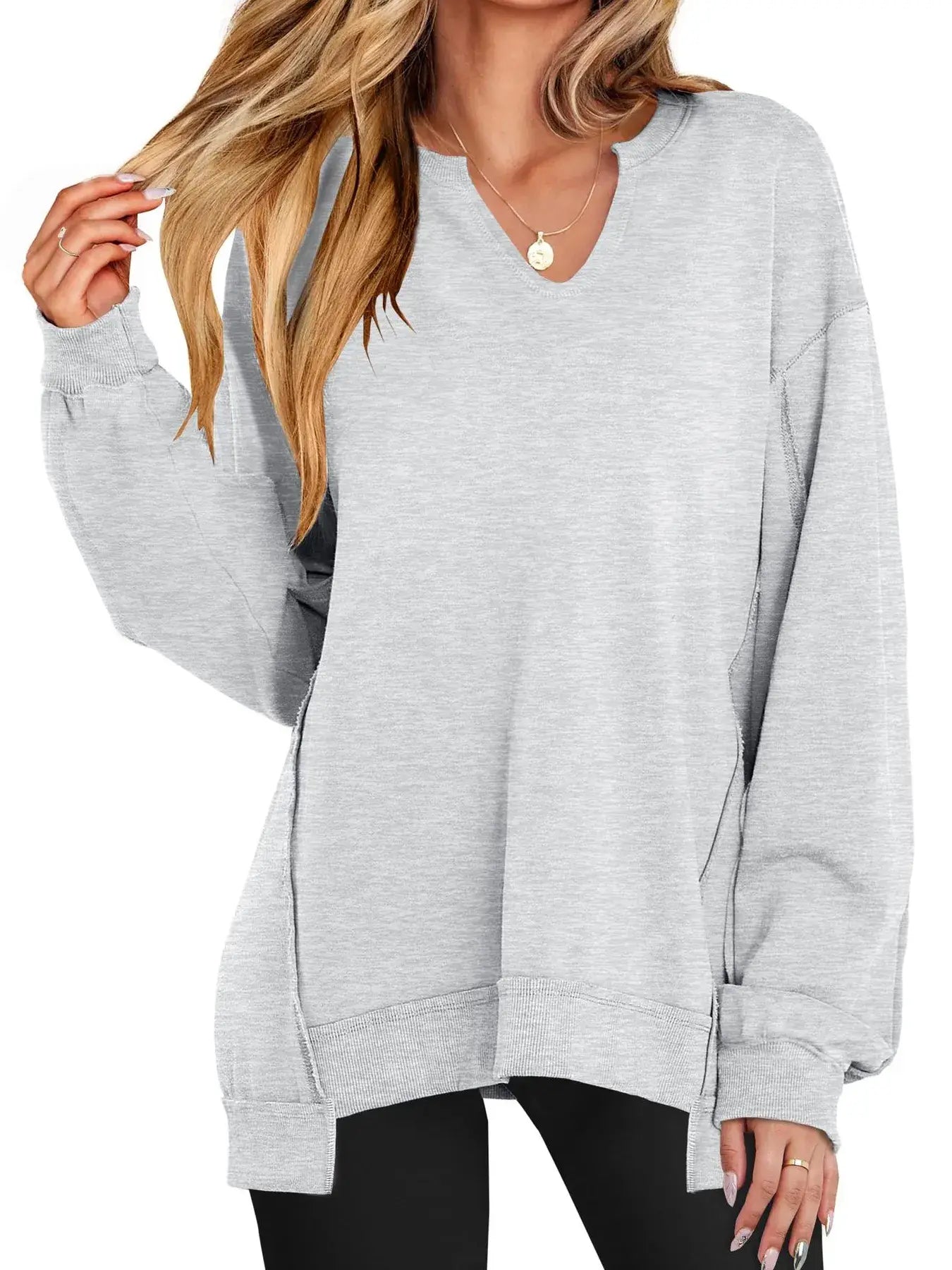 Notched Long Sleeve Oversized Sweatshirt - Trendsi - Flyclothing LLC