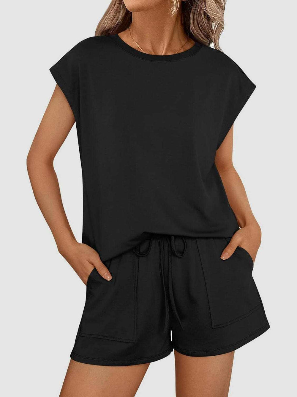 Round Neck Cap Sleeve Top and Shorts Set - Trendsi - Flyclothing LLC
