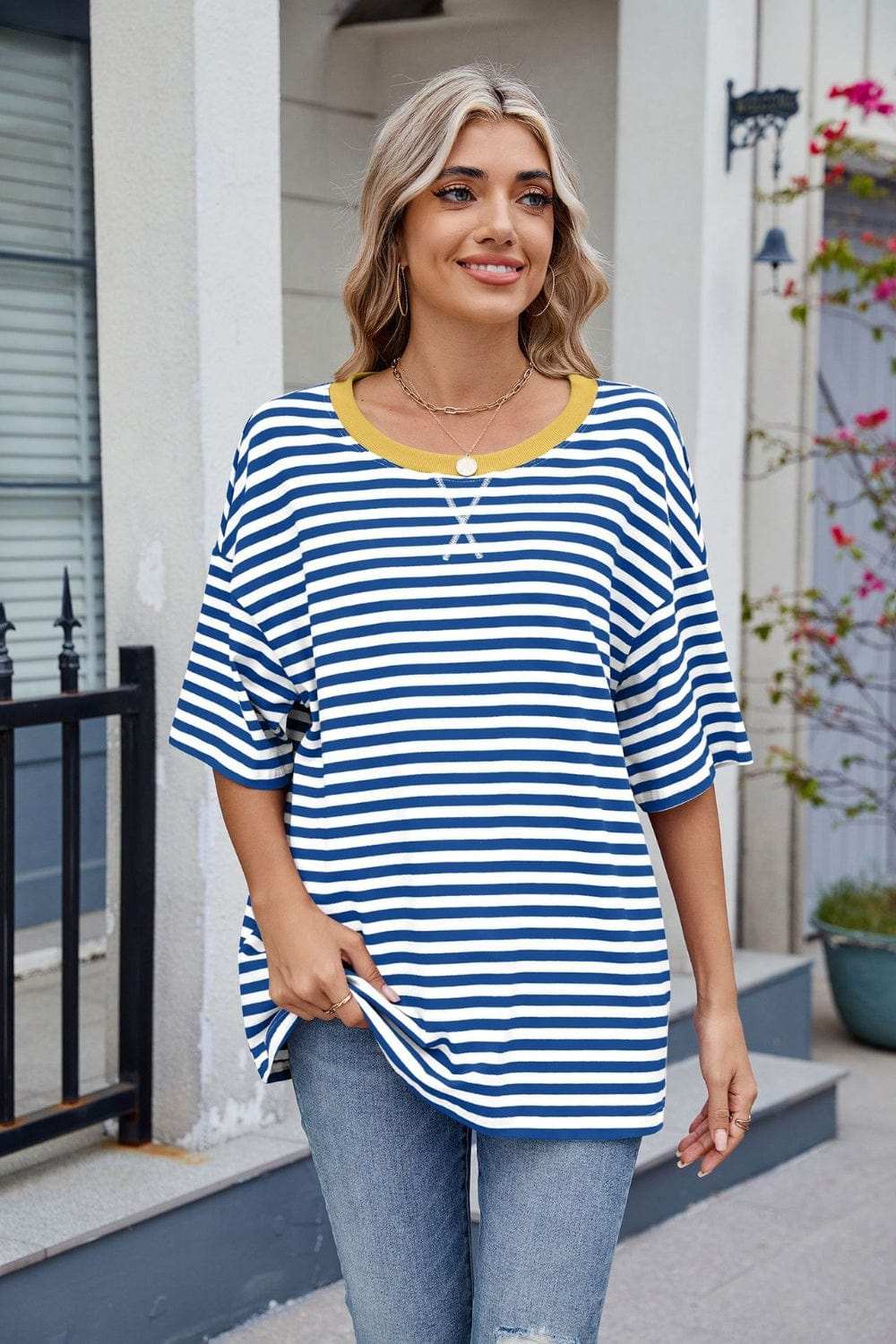 Contrast Striped Round Neck Half Sleeve T-Shirt - Trendsi - Flyclothing LLC