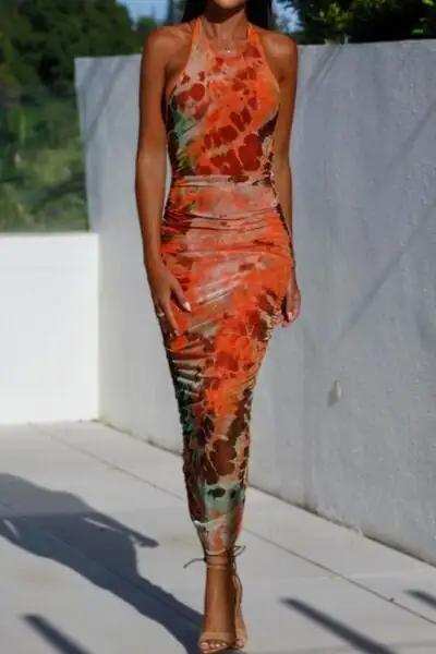Backless Printed Halter Neck Dress - Trendsi - Flyclothing LLC
