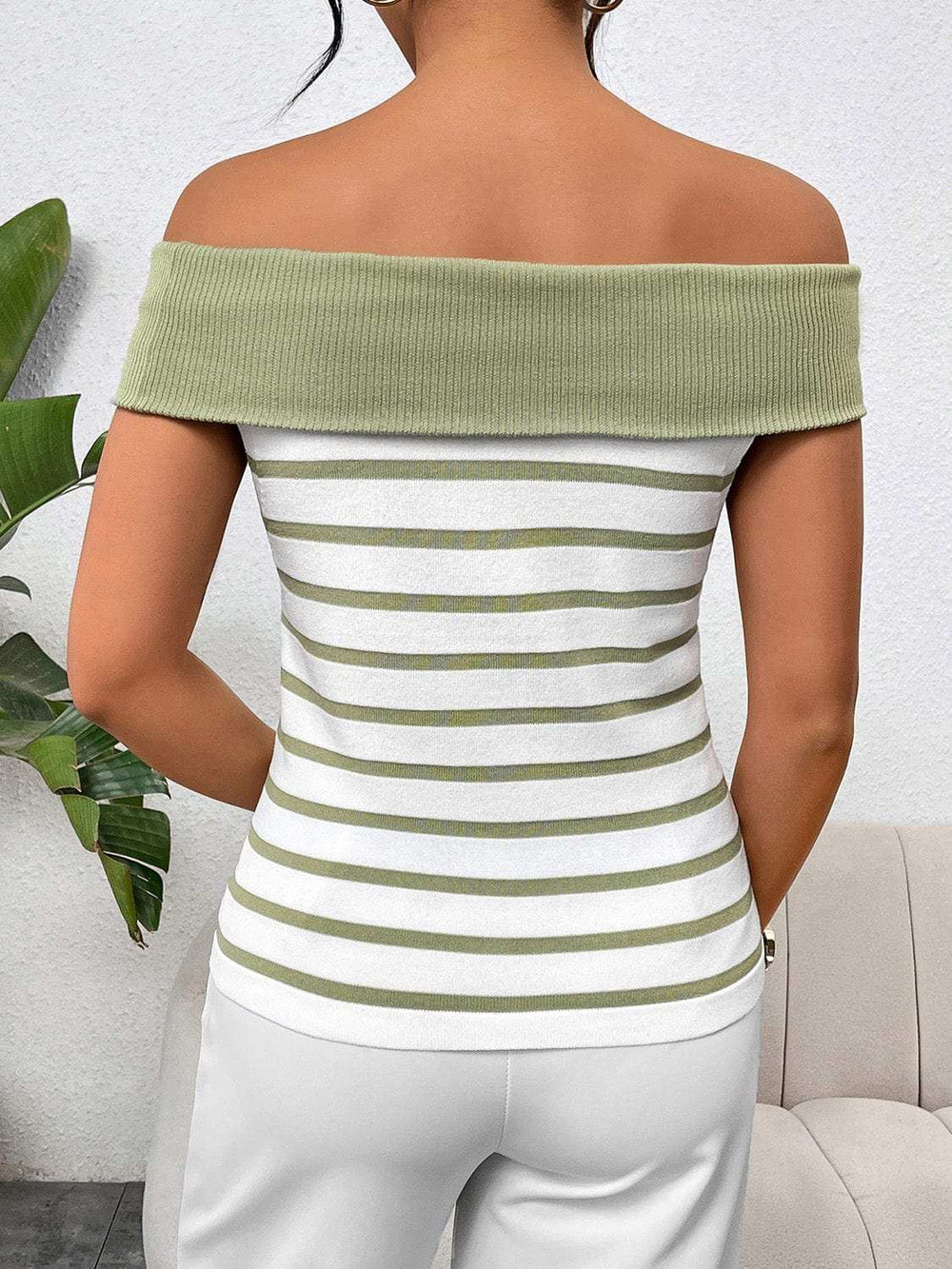 Decorative Button Striped Off-Shoulder Knit Top - Trendsi - Flyclothing LLC