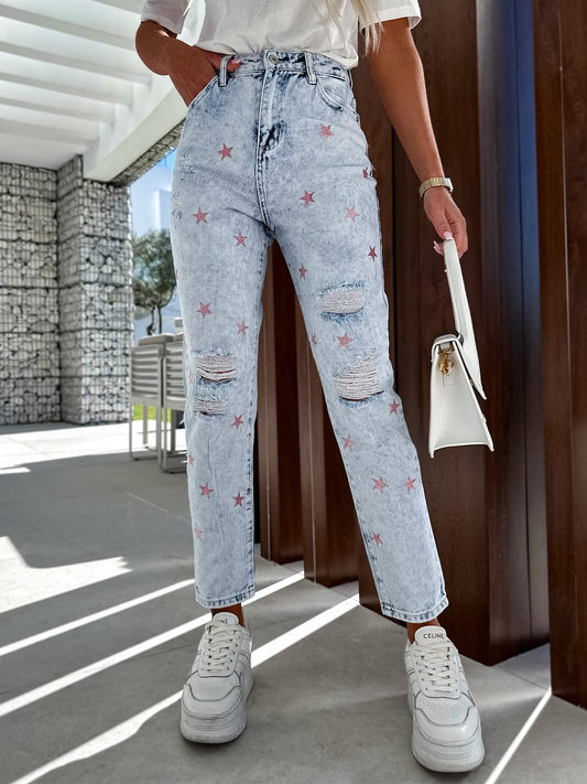 Distressed Star Straight Jeans with Pockets - Trendsi