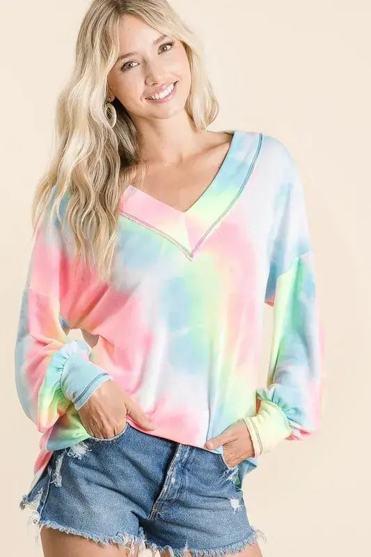 BiBi Tie Dye French Terry V-Neck Top with Puff Sleeves - Trendsi - Flyclothing LLC