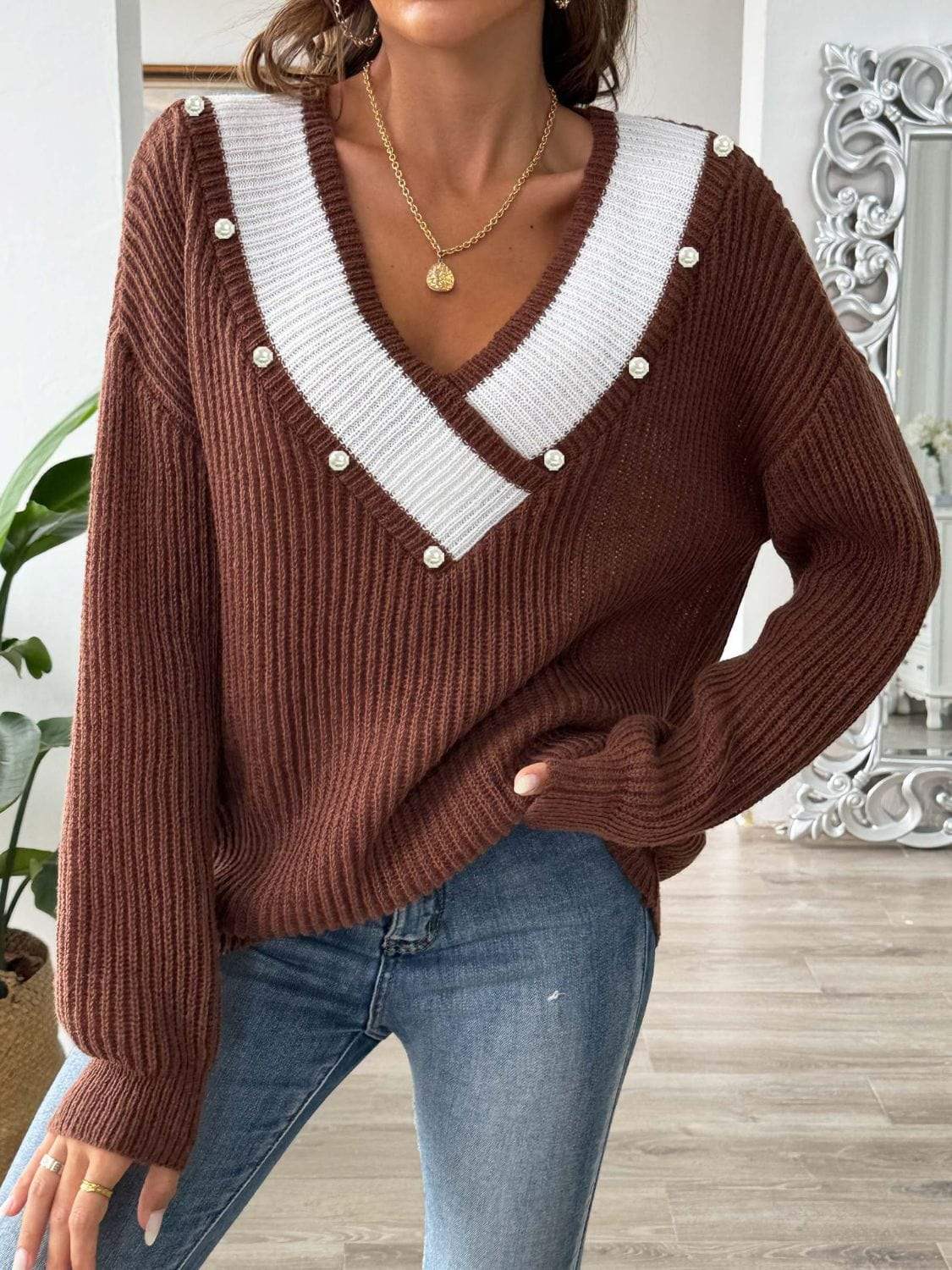 Contrast Trim Dropped Shoulder Long Sleeve Sweater - Trendsi - Flyclothing LLC
