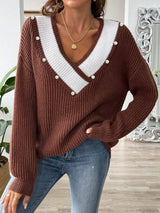 Contrast Trim Dropped Shoulder Long Sleeve Sweater - Trendsi - Flyclothing LLC