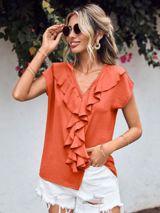 Ruffled V-Neck Short Sleeve Blouse - Trendsi