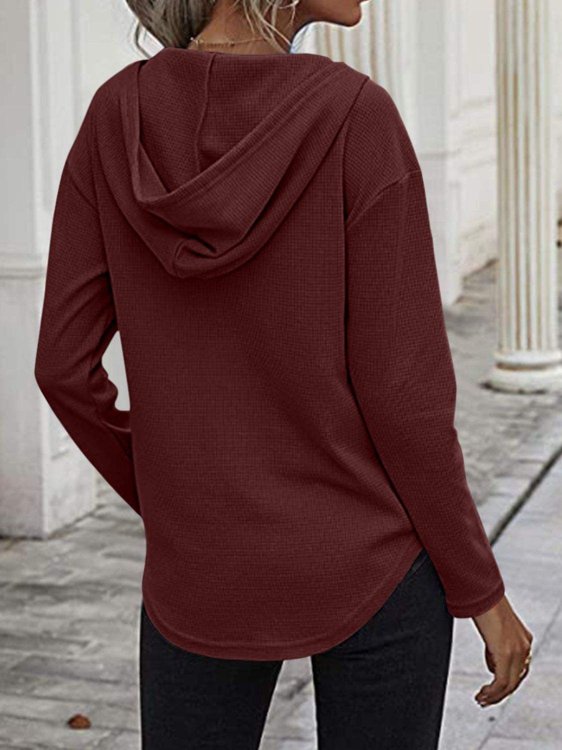 Drawstring Waffle Knit Long Sleeve Hooded Top - Trendsi - Flyclothing LLC