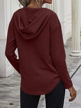 Drawstring Waffle Knit Long Sleeve Hooded Top - Trendsi - Flyclothing LLC