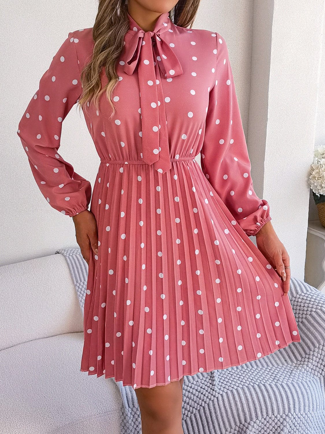 Polka Dot Tie Neck Pleated Dress - Trendsi