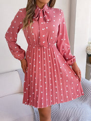 Polka Dot Tie Neck Pleated Dress - Trendsi