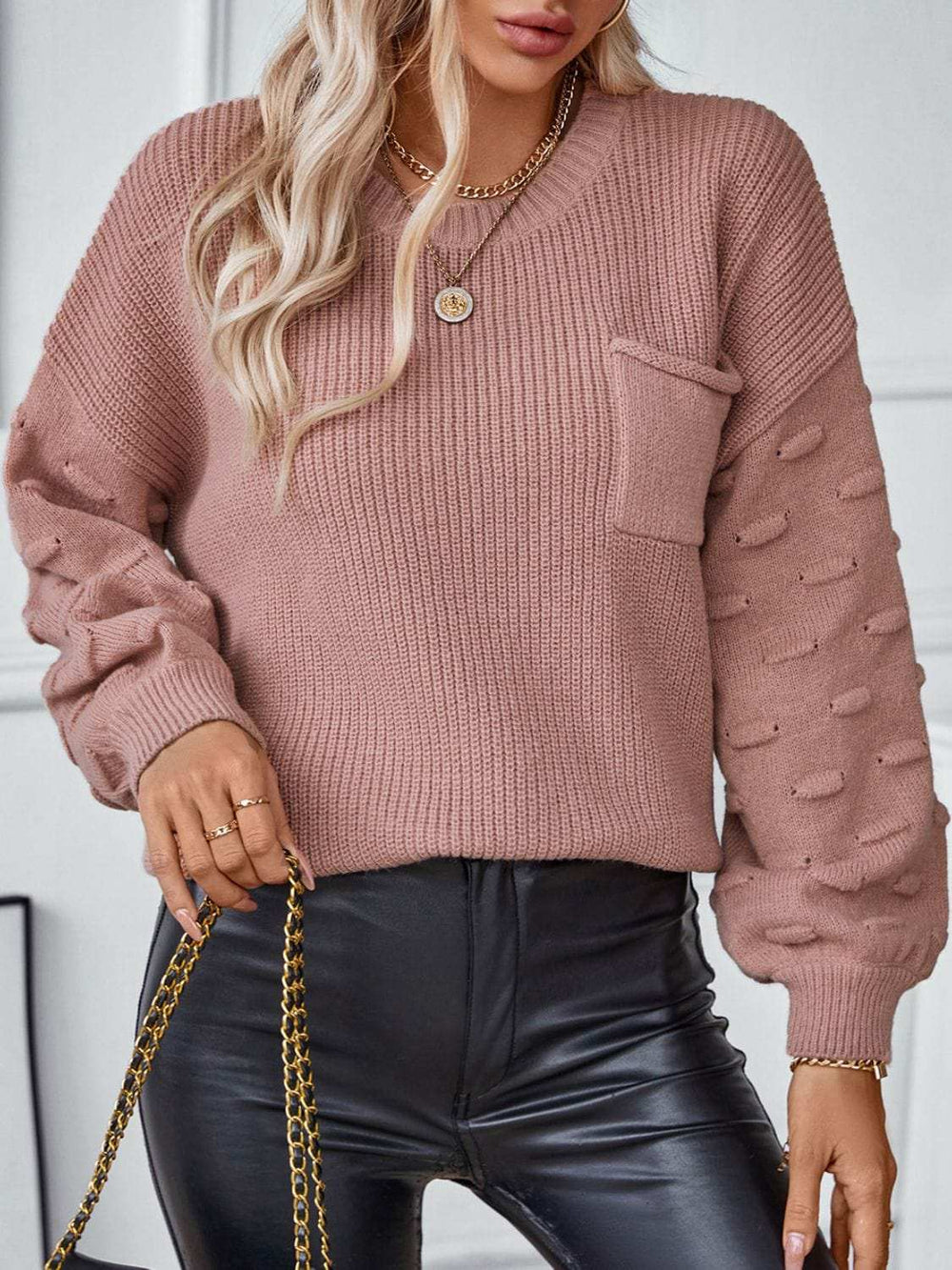 Round Neck Drop Shoulder Sweater - Trendsi - Flyclothing LLC