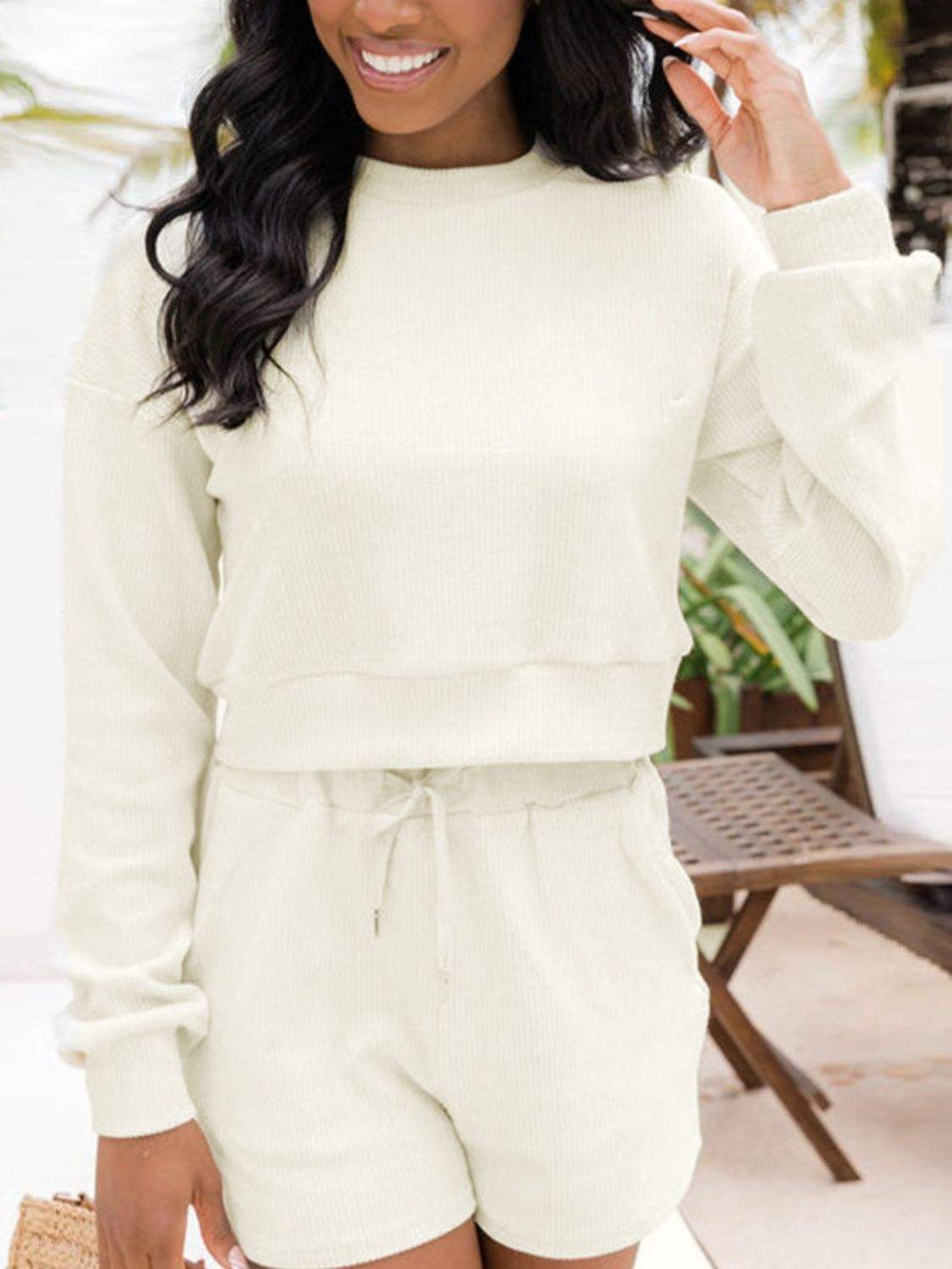 Ribbed Round Neck Long Sleeve Top and Shorts Set - Trendsi - Flyclothing LLC