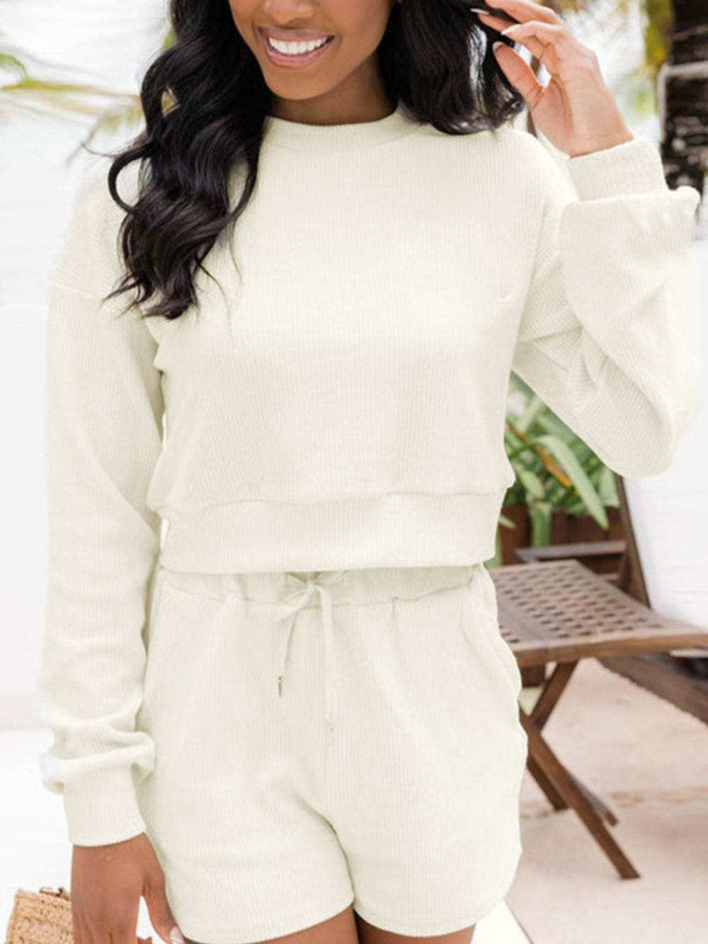 Ribbed Round Neck Long Sleeve Top and Shorts Set - Trendsi - Flyclothing LLC