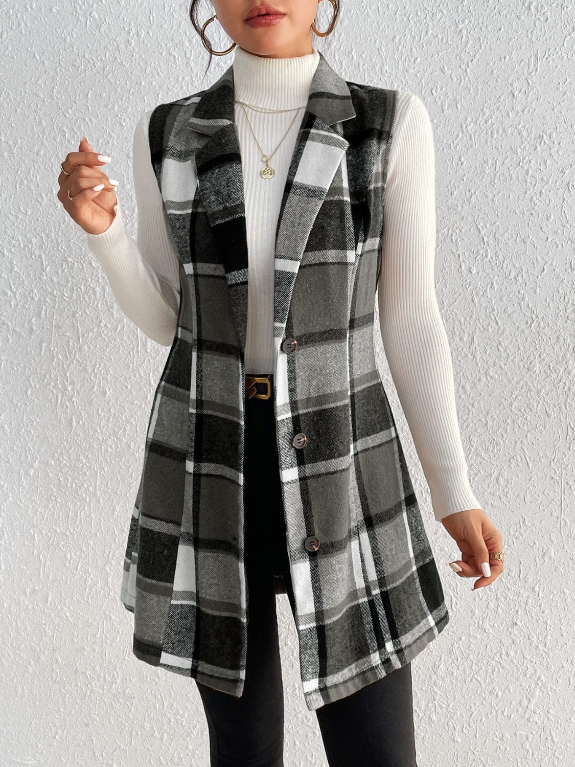 Honey Plaid Button Up Vest Coat - Trendsi
