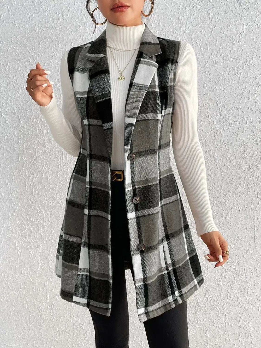 Honey Plaid Button Up Vest Coat - Trendsi - Flyclothing LLC