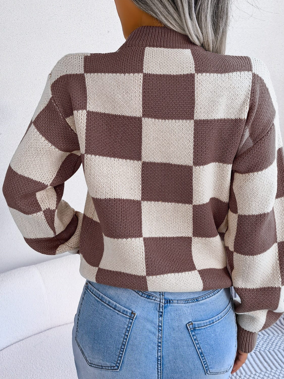 Checkered Mock Neck Long Sleeve Sweater - Trendsi
