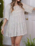Sequin Round Neck Half Sleeve Mini Dress - Trendsi