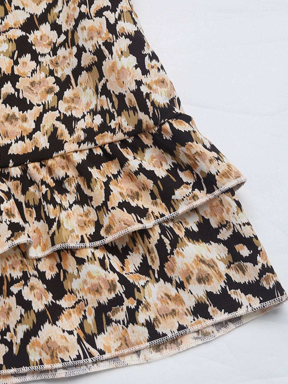 Perfee Printed Tie Neck Long Sleeve Mini Dress - Trendsi - Flyclothing LLC