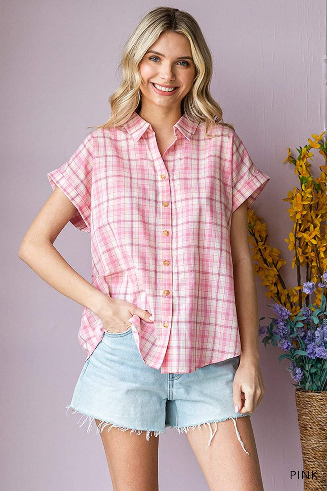 Cotton Bleu by Nu Lab Plaid Collared Neck Short Sleeve Shirt - Trendsi - Flyclothing LLC