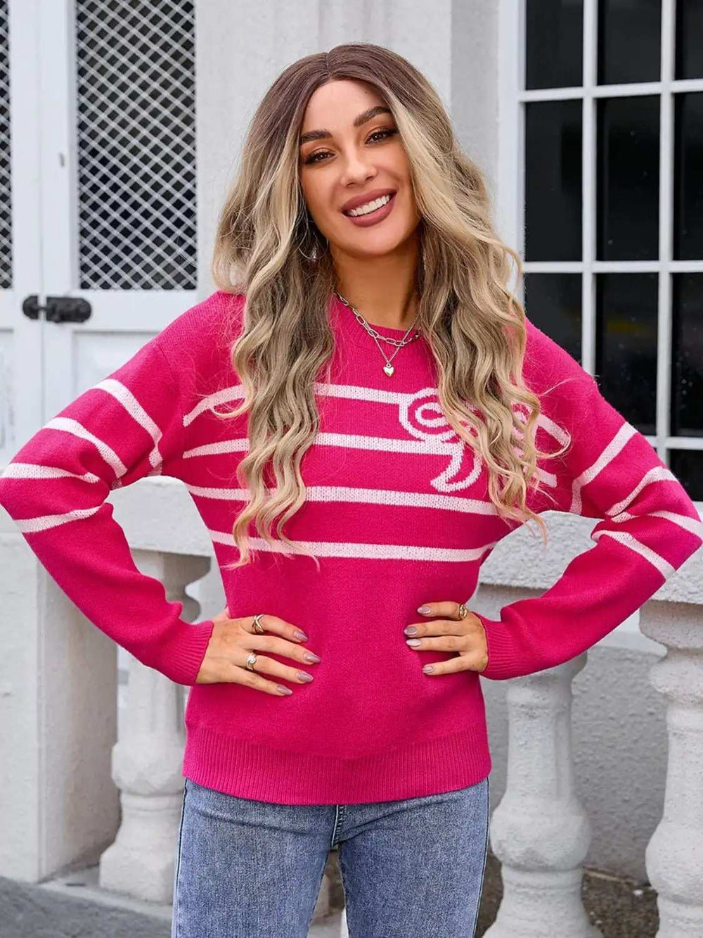 Striped Round Neck Long Sleeve Sweater - Trendsi - Flyclothing LLC