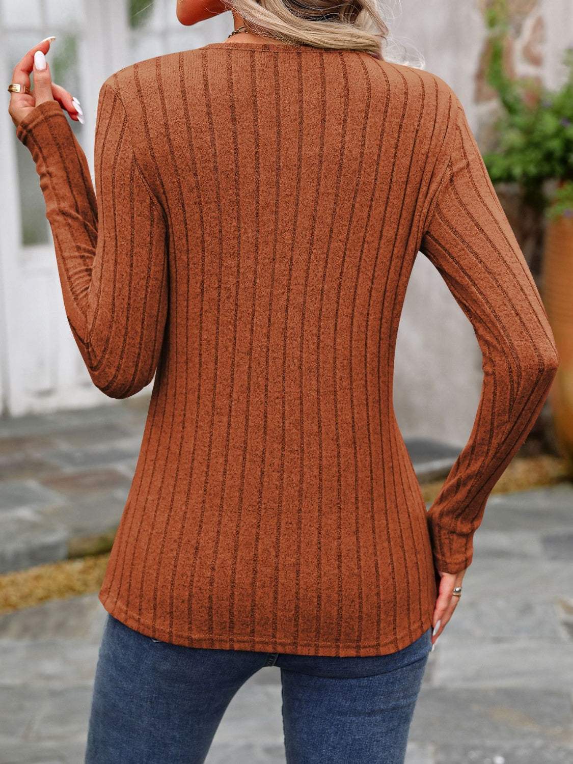 Decorative Button Round Neck Long Sleeve T-Shirt - Trendsi - Flyclothing LLC