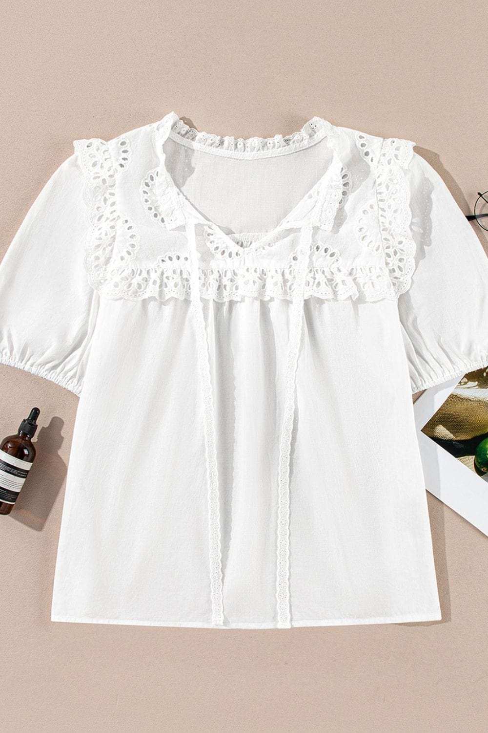 Lace Patchwork Tie Neck Short Sleeve Blouse - Trendsi - Flyclothing LLC