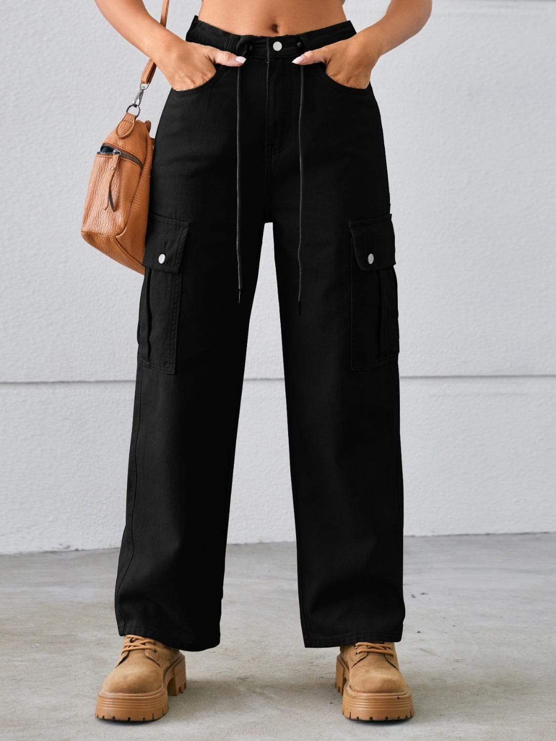 Drawstring Mid-Rise Waist Straight Cargo Jeans - Trendsi - Flyclothing LLC