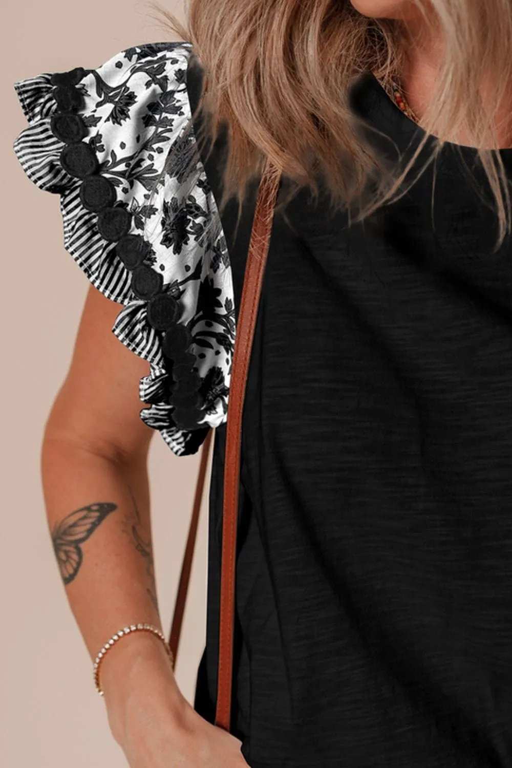 Round Neck Printed Ruffled Cap Sleeve Blouse - Trendsi - Flyclothing LLC