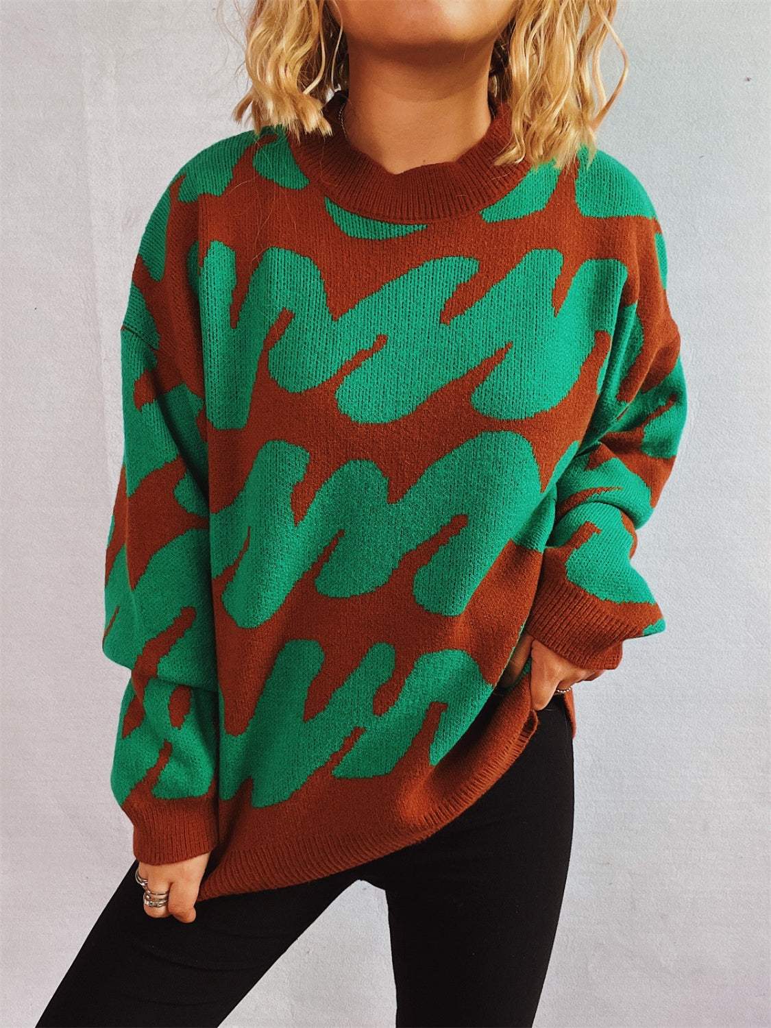 Contrast Round Neck Long Sleeve Sweater - Trendsi - Flyclothing LLC
