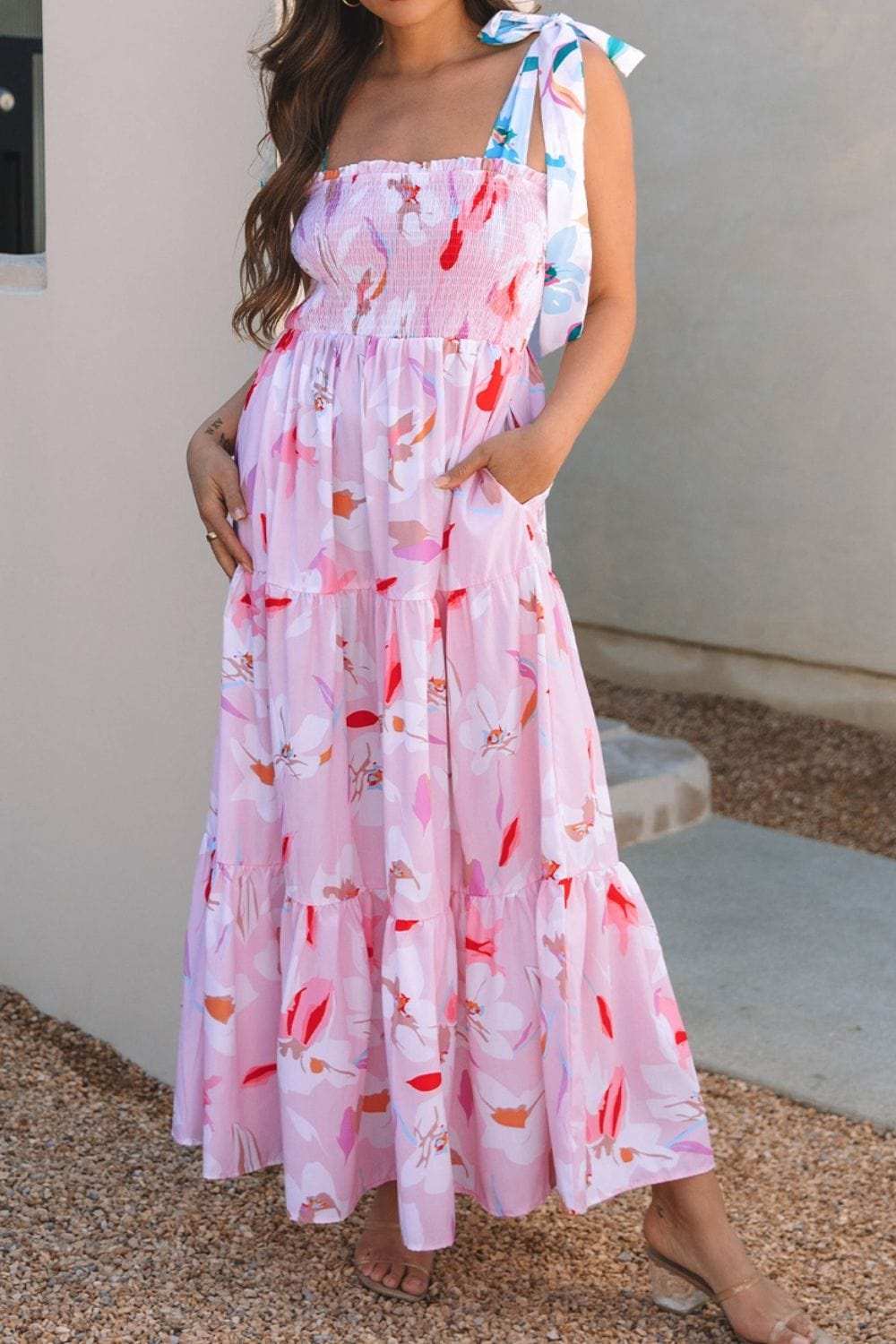 Floral Print Knotted Shoulder Smocked Maxi Dress - Trendsi - Flyclothing LLC