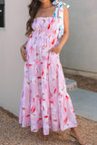 Floral Print Knotted Shoulder Smocked Maxi Dress - Trendsi