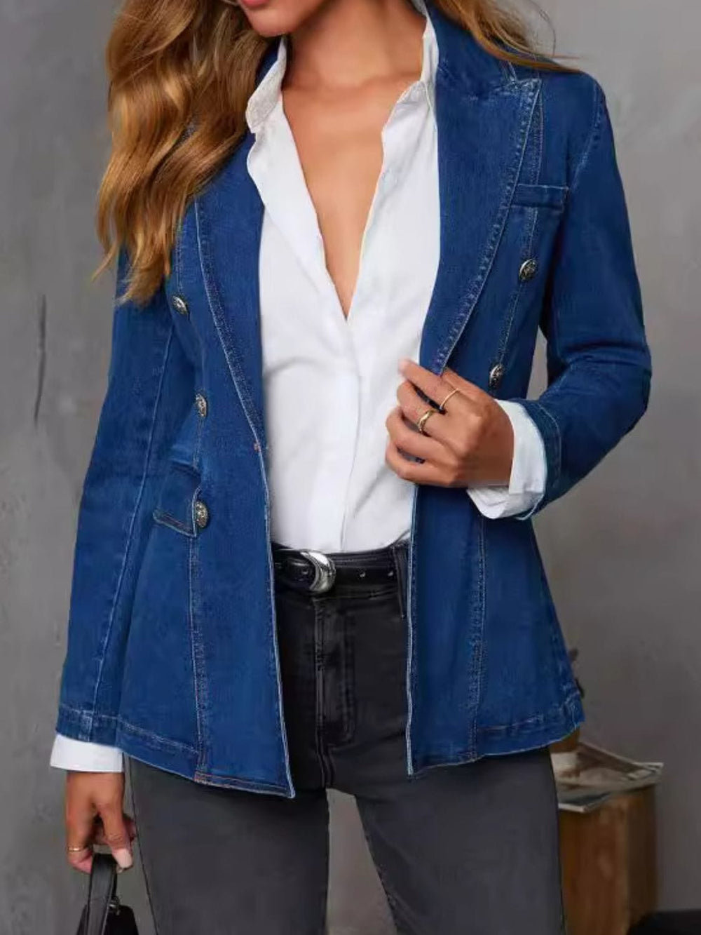 Collared Neck Long Sleeve Denim Jacket - Trendsi