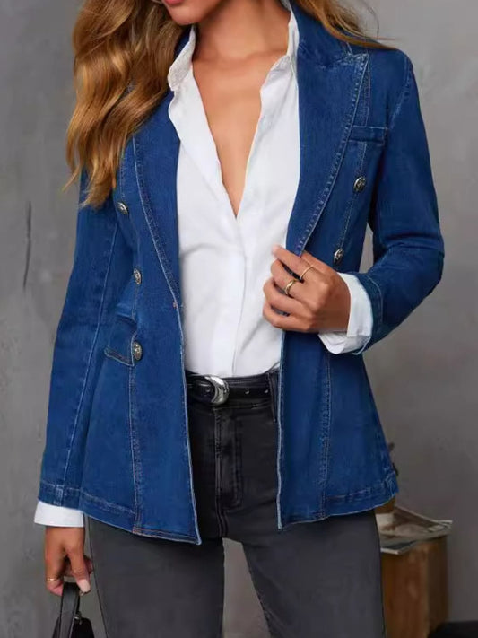Collared Neck Long Sleeve Denim Jacket - Trendsi