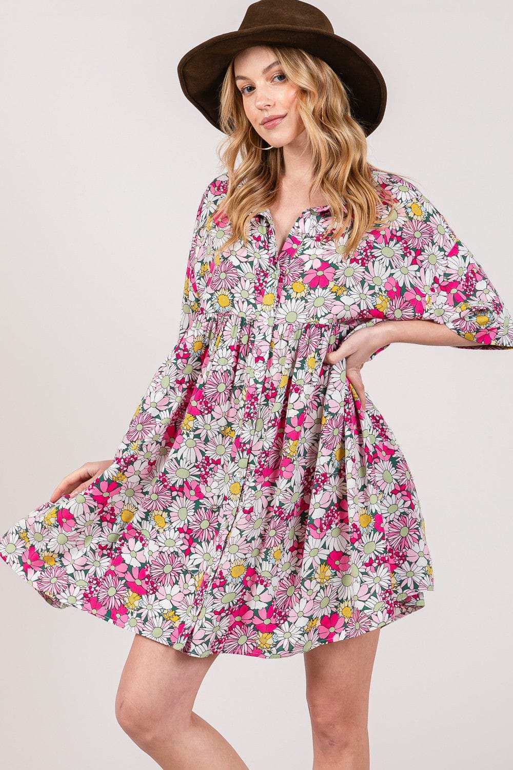 SAGE + FIG Floral Button Down Mini Shirt Dress - Trendsi - Flyclothing LLC