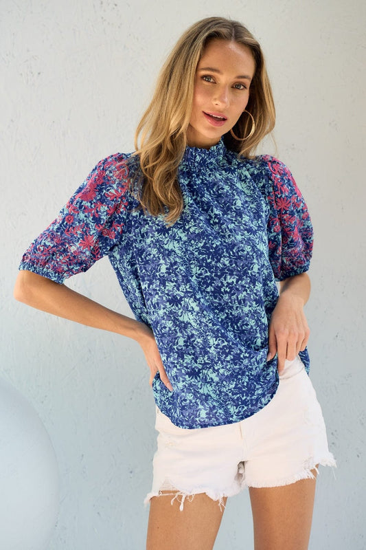 Hailey & Co Embroidered Puff Sleeve Printed Blouse - Trendsi