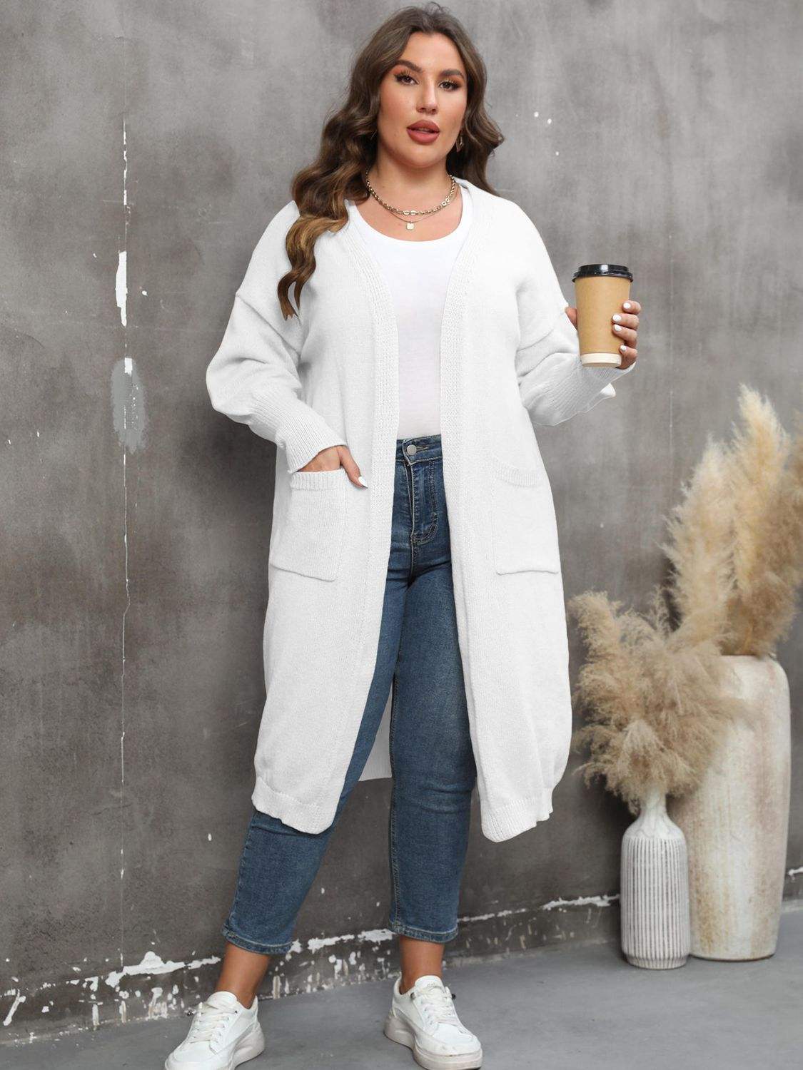 Plus Size Long Sleeve Pocketed Cardigan - Trendsi - Flyclothing LLC