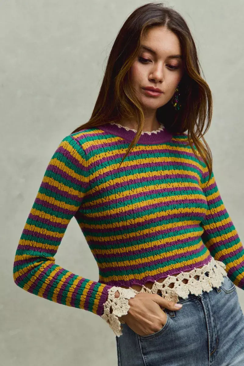 SO ME Mardi Gras Striped Cropped Knit Top with Crochet Edge - Trendsi - Flyclothing LLC