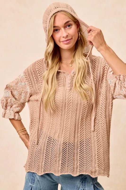 BiBi Jacquard Flower Puff Sleeve Hooded Knit Top - Trendsi - Flyclothing LLC