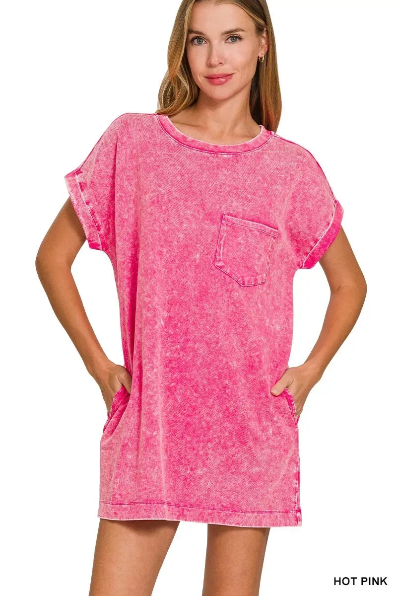 Zenana Premium Cotton Washed T-Shirt Dress - Trendsi - Flyclothing LLC