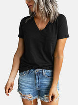 Pocketed V-Neck Short Sleeve T-Shirt - Trendsi - Flyclothing LLC