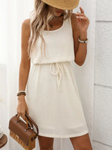 Waffle-Knit Drawstring Mini Tank Dress - Trendsi - Flyclothing LLC