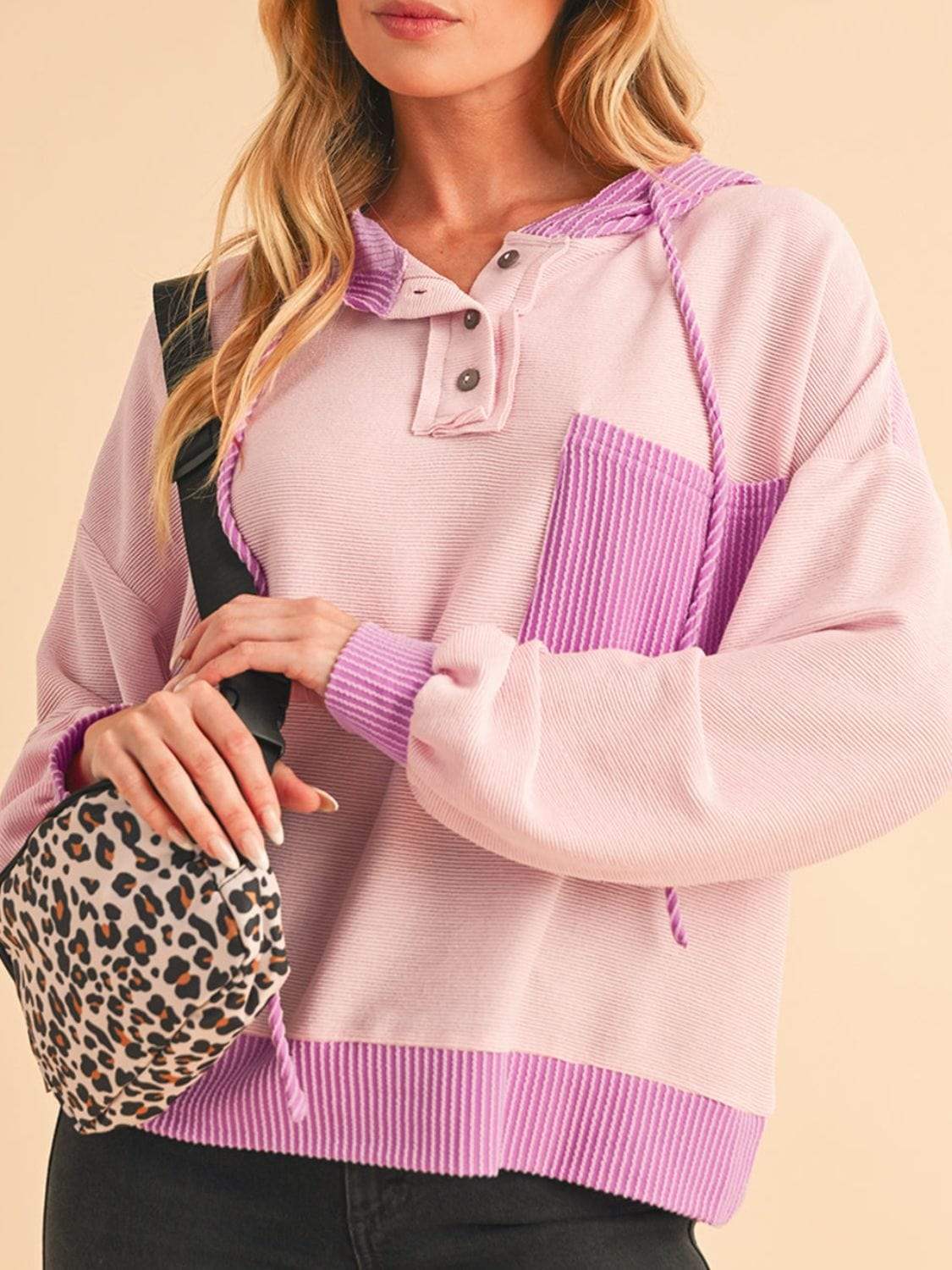 Corded Color Block Drawstring Hoodie - Trendsi - Flyclothing LLC