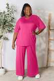 Double Take Full Size Round Neck Slit Top and Pants Set - Trendsi