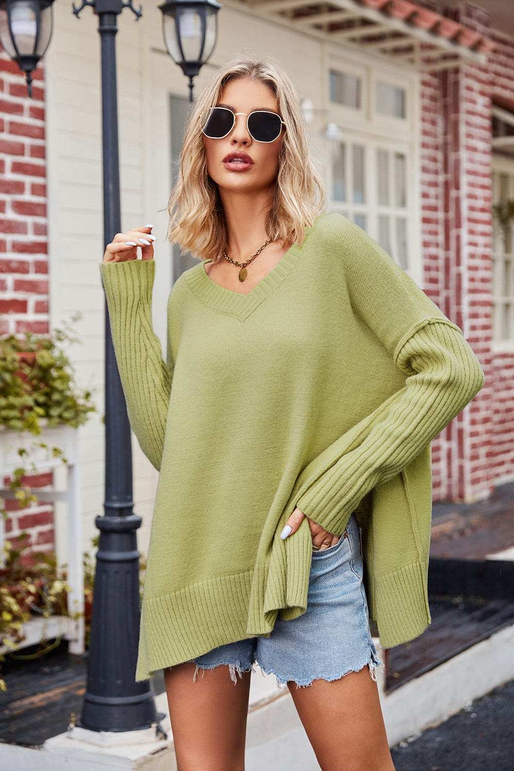 Slit V-Neck Dropped Shoulder Sweater - Trendsi - Flyclothing LLC