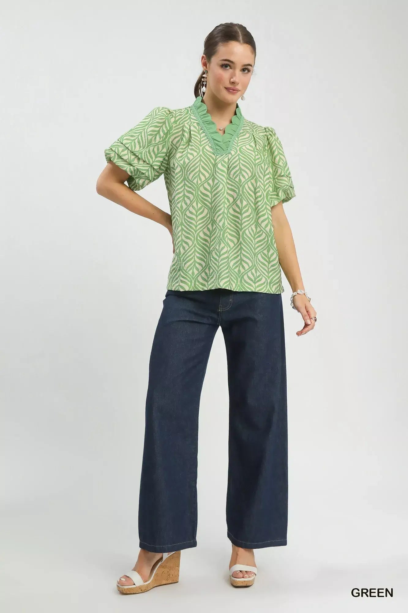 Umgee Printed Puff Sleeve Ruffle Neck Top - Trendsi - Flyclothing LLC